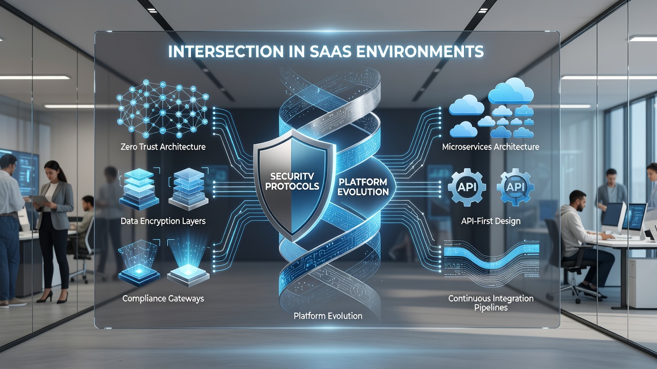 Flowchart depicting the relationship between SaaS platform updates and security protocol enforcement layers